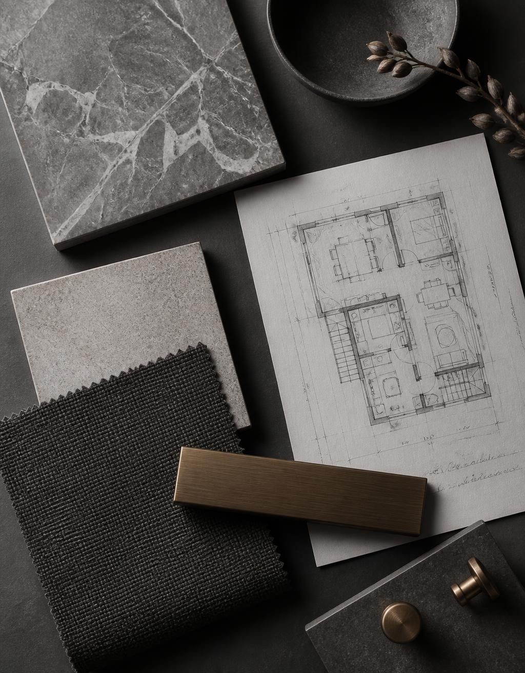 Grey marble, limestone, charcoal linen and brushed bronze material samples beside a hand-drawn floor plan on a dark charcoal table