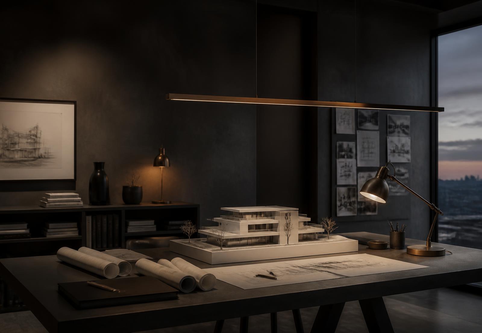D'Casa Homes studio at dusk with a charcoal drafting table, white villa model, blueprints and bronze lighting against a dark grey wall